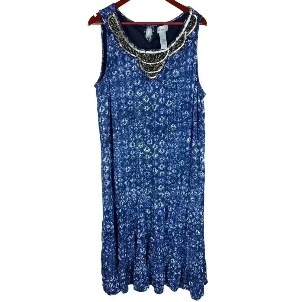 Catherines Womens Blue Ikat Maxi Dress Size 2X Sleeveless Tiered Flowy